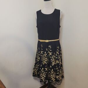 R&K Black & Gold Sleeveless Dress Women’s Size 14 New With Tags Gold Belt